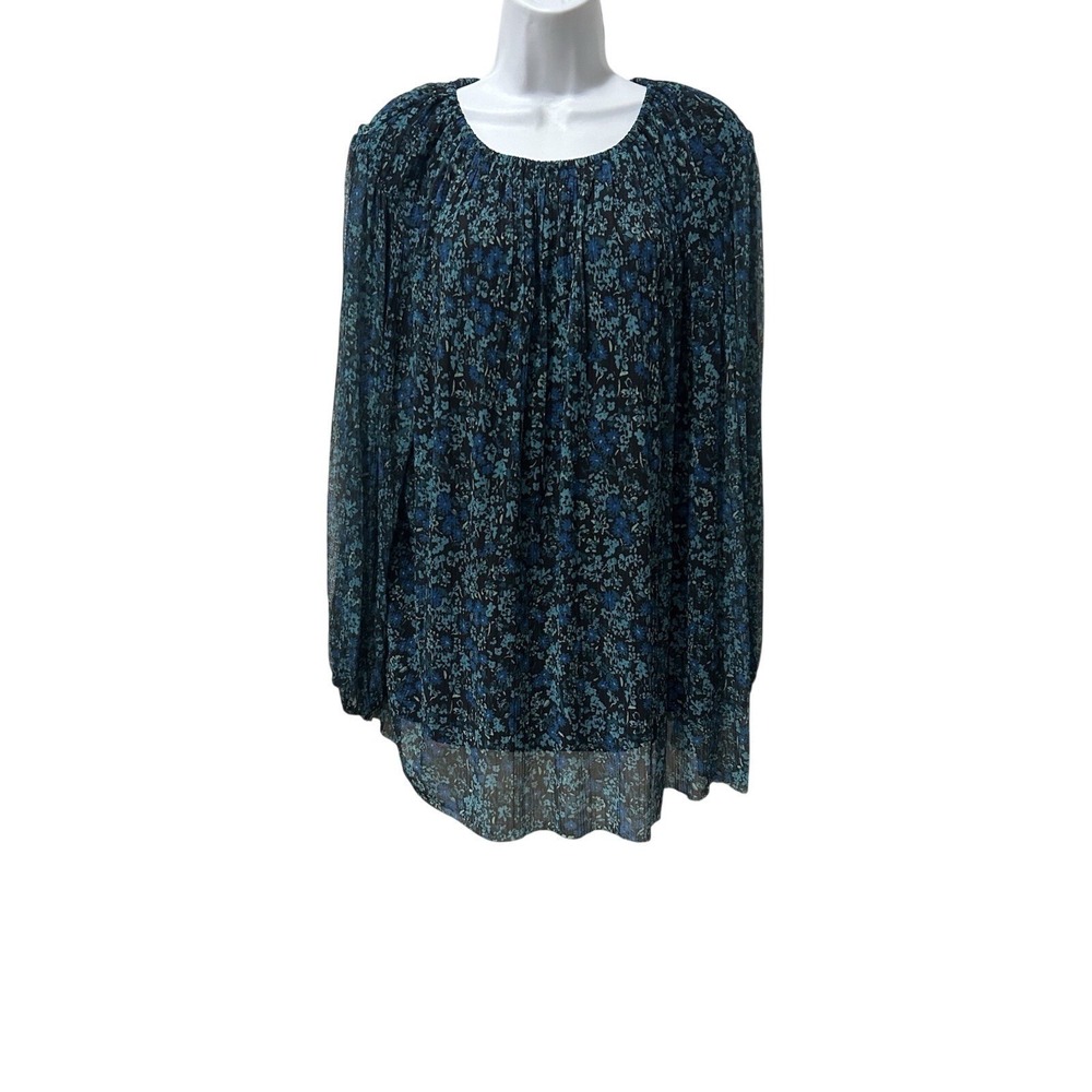 Terra Sky Plus Size 1X 16W 18W Blue Floral Sheer Long Sleeve Peasant Blouse - Picture 2 of 6